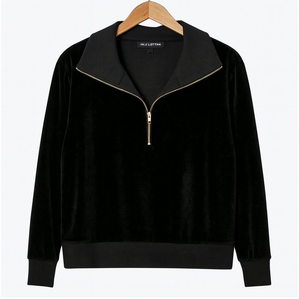 Nili Lotan Velvet‎ Quarter Zip Sweatshirt Black Size L